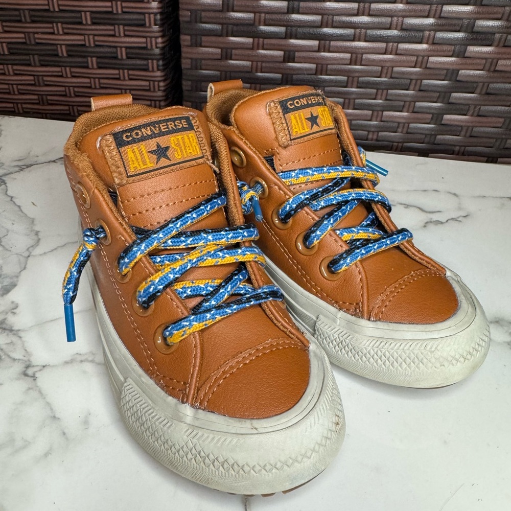 Converse Kids Leather Waterproof Tan Sneakers with Blue and Yellow Laces